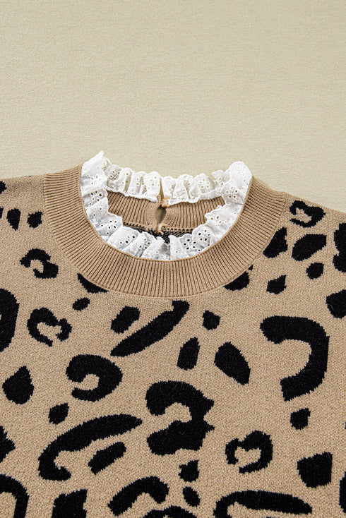 Leopard Jacquard Lace Ruffle Trim Button Cuff Sweater