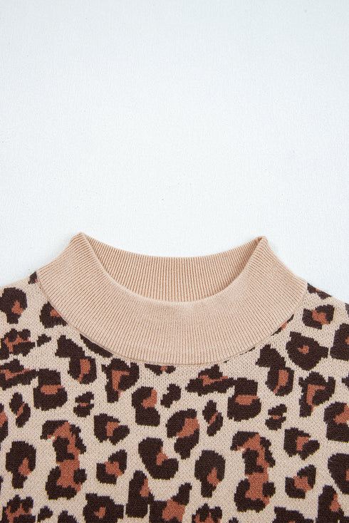 Leopard Jacquard Mock Neck Mini Sweater Dress