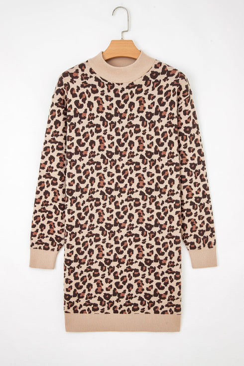 Leopard Jacquard Mock Neck Mini Sweater Dress