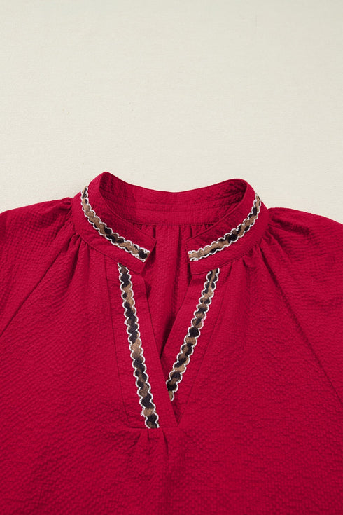 Leopard Jacquard Print V Neck Textured Long Sleeve Blouse