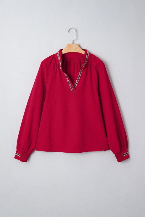 Leopard Jacquard Print V Neck Textured Long Sleeve Blouse