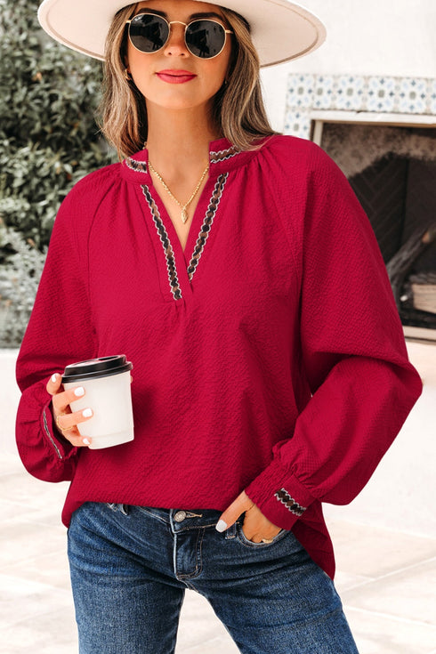 Leopard Jacquard Print V Neck Textured Long Sleeve Blouse
