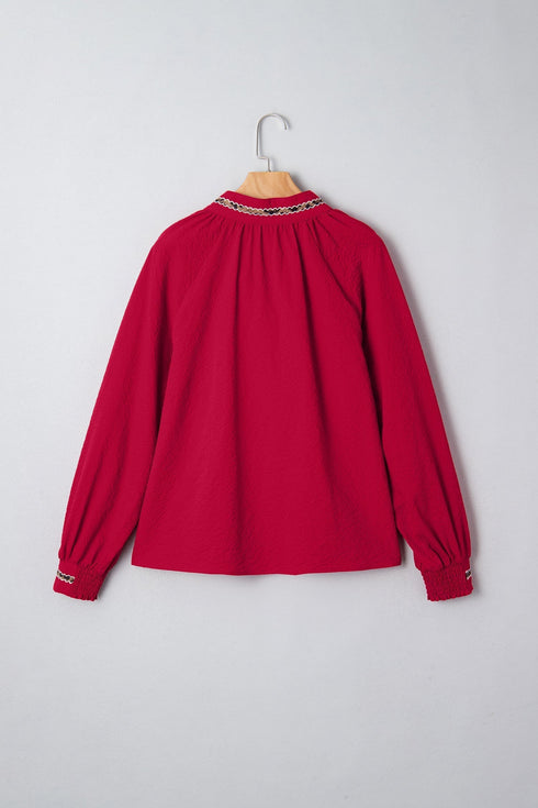 Leopard Jacquard Print V Neck Textured Long Sleeve Blouse