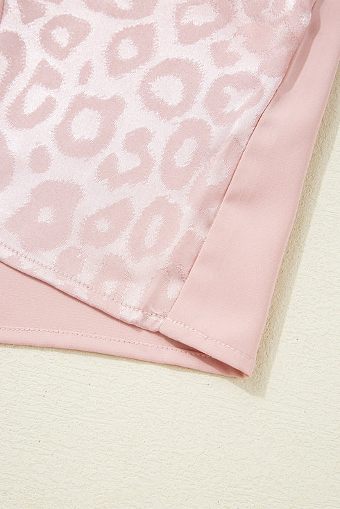 Leopard Jacquard Satin Panel Crisscross V Neck Asymmetric Blouse