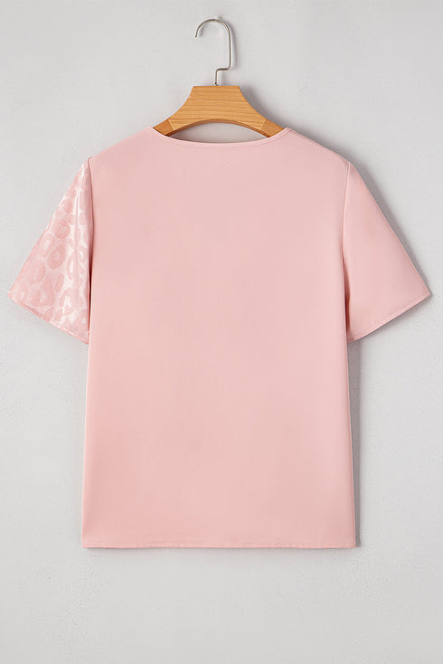 Leopard Jacquard Satin Panel Crisscross V Neck Asymmetric Blouse