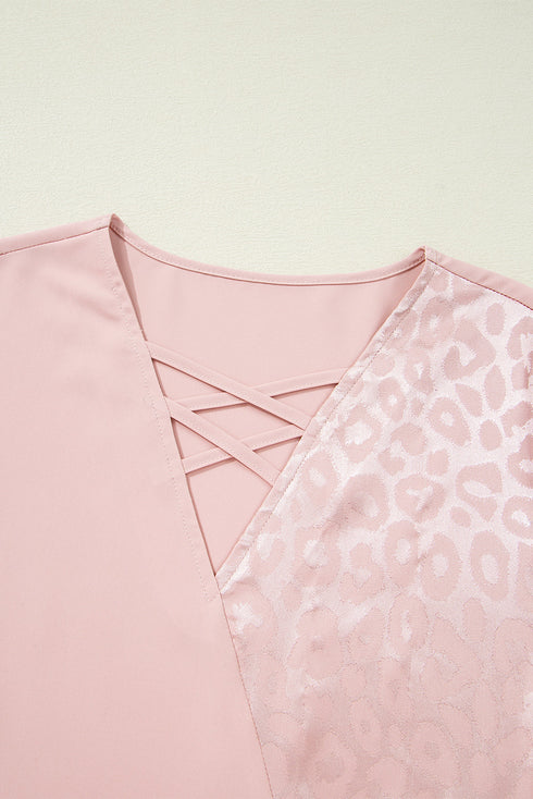 Leopard Jacquard Satin Panel Crisscross V Neck Asymmetric Blouse