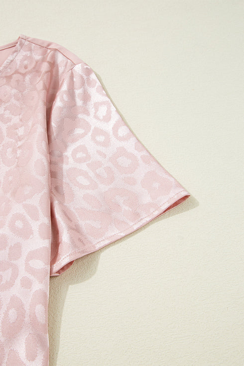 Leopard Jacquard Satin Panel Crisscross V Neck Asymmetric Blouse