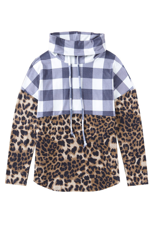 Leopard Leopard Plaid Patchwork Cowl Neck Sweatshirt