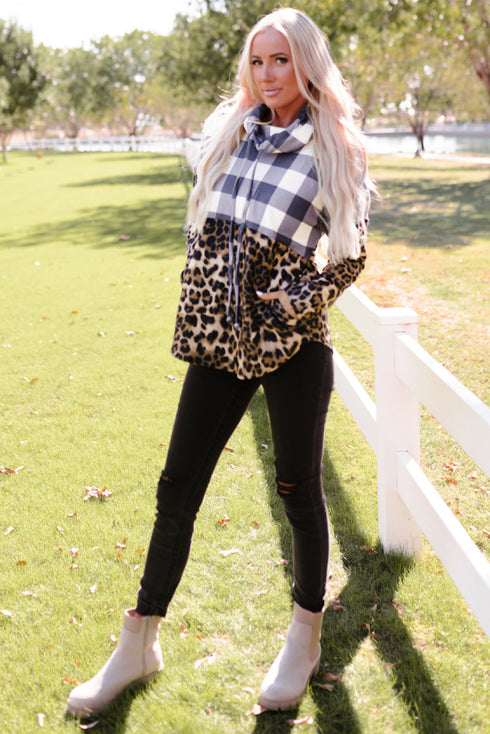 Leopard Leopard Plaid Patchwork Cowl Neck Sweatshirt