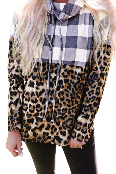 Leopard Leopard Plaid Patchwork Cowl Neck Sweatshirt