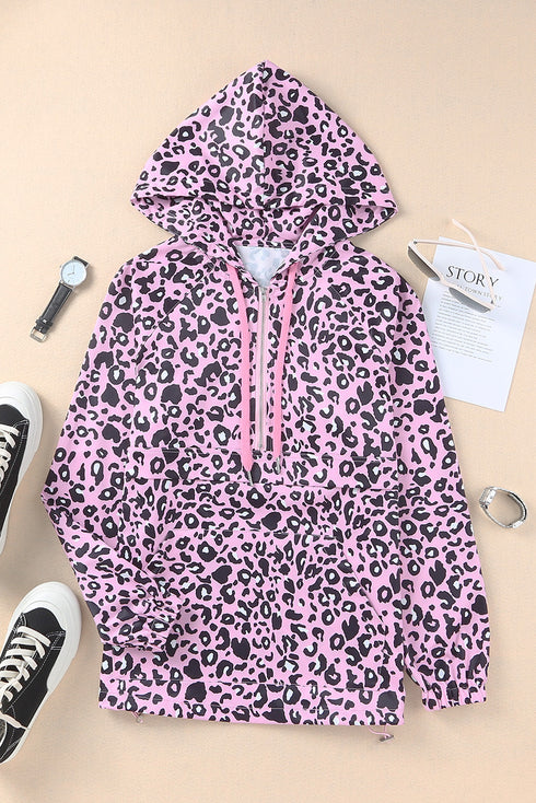 Leopard Leopard Print Zipper Kangaroo Pocket Pullover Hoodie