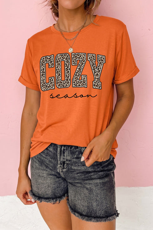 Leopard Letter Print Round Neck Cozy Casual Graphic Tee