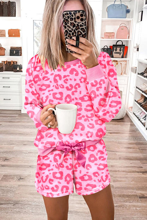 Leopard Long Sleeve Satin Tie Shorts Two Piece Set