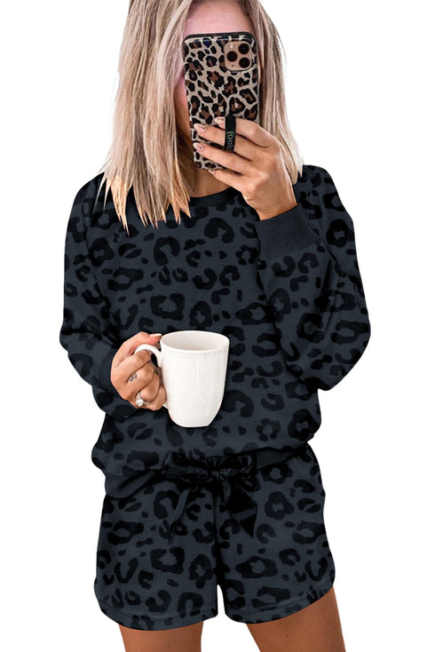 Leopard Long Sleeve Satin Tie Shorts Two Piece Set