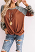 Leopard Long Sleeve Waffle Knit Blouse With Twist Knot