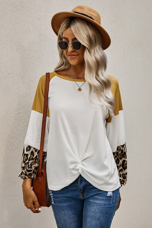 Leopard Long Sleeve Waffle Knit Blouse With Twist Knot