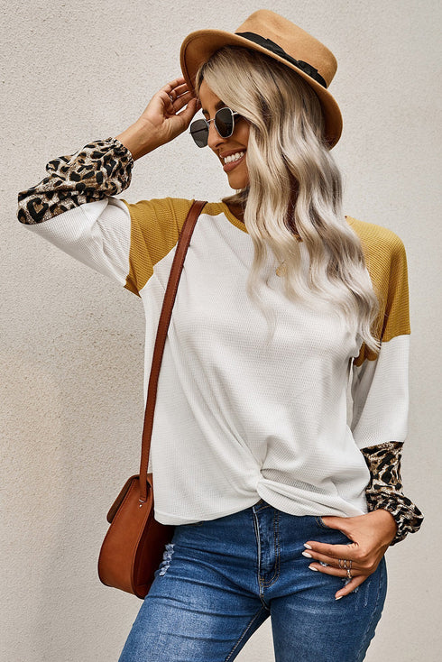 Leopard Long Sleeve Waffle Knit Blouse With Twist Knot