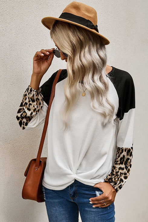 Leopard Long Sleeve Waffle Knit Blouse With Twist Knot