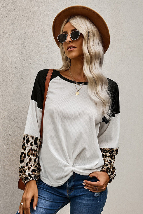 Leopard Long Sleeve Waffle Knit Blouse With Twist Knot