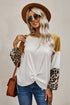Leopard Long Sleeve Waffle Knit Blouse With Twist Knot
