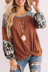 Leopard Long Sleeve Waffle Knit Blouse With Twist Knot
