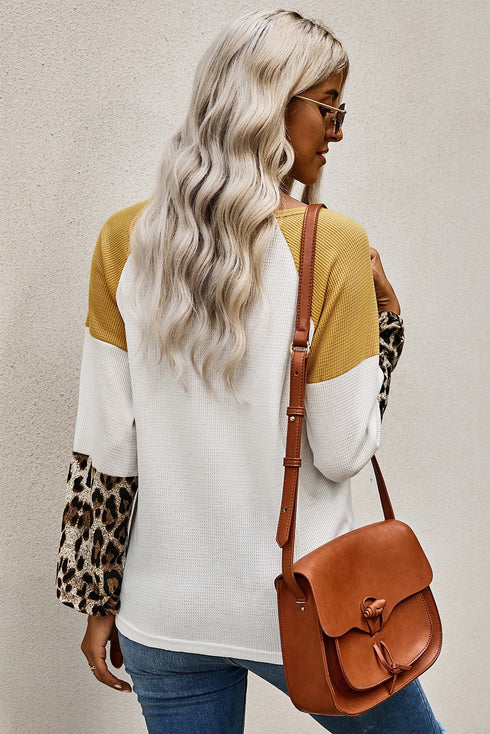 Leopard Long Sleeve Waffle Knit Blouse With Twist Knot