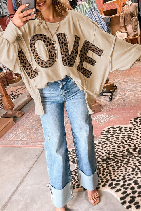 Leopard LOVE Applique Oversized Drop Shoulder Crew Neck Sweatshirt