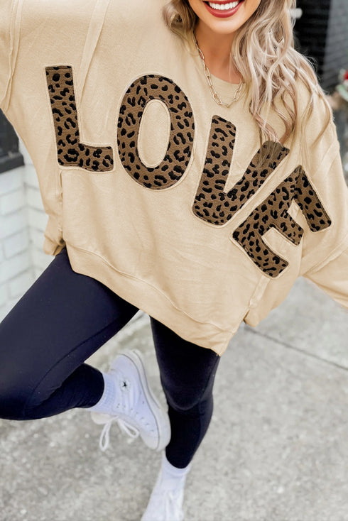 Leopard LOVE Applique Oversized Drop Shoulder Crew Neck Sweatshirt