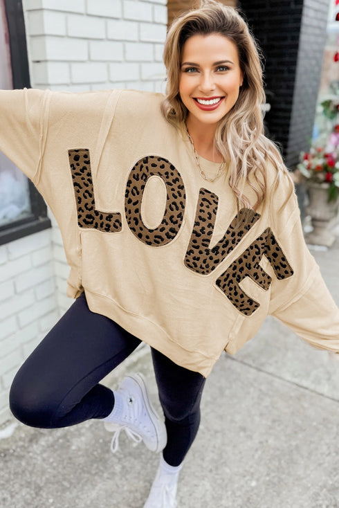 Leopard LOVE Applique Oversized Drop Shoulder Crew Neck Sweatshirt