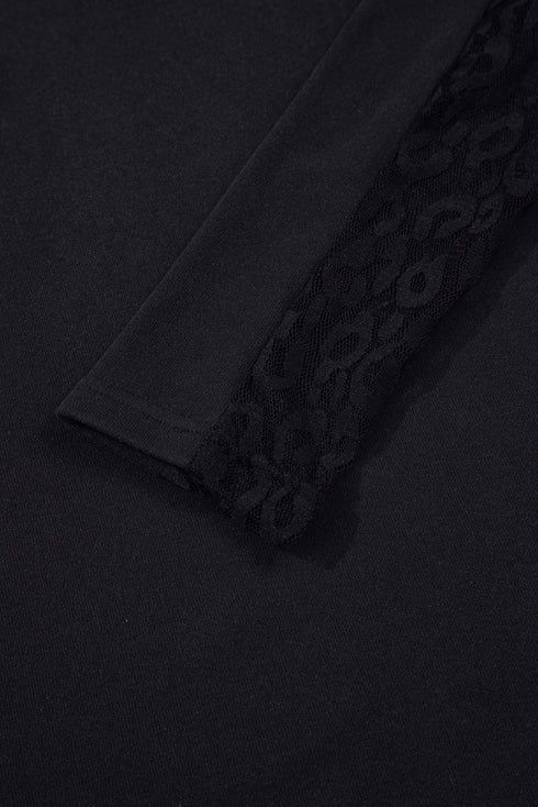 Leopard Mesh Sleeve Patchwork Crew Neck Knit Top