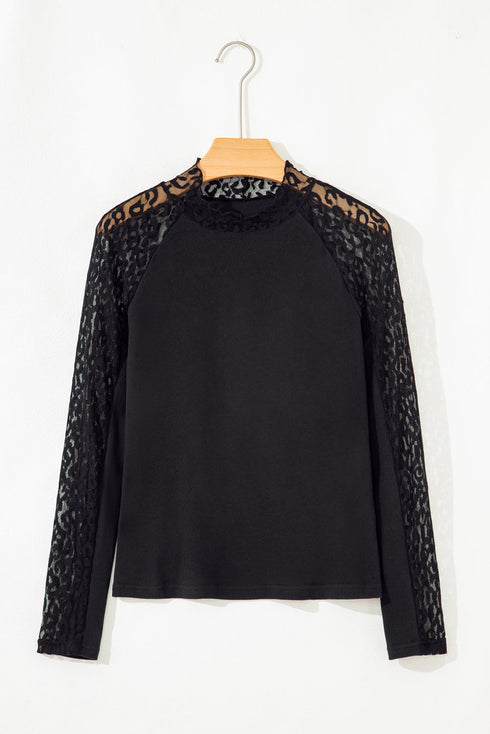 Leopard Mesh Sleeve Patchwork Crew Neck Knit Top