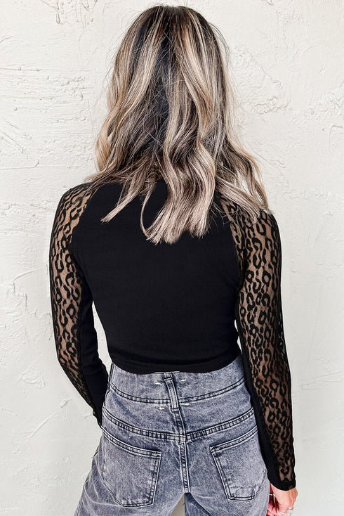 Leopard Mesh Sleeve Patchwork Crew Neck Knit Top