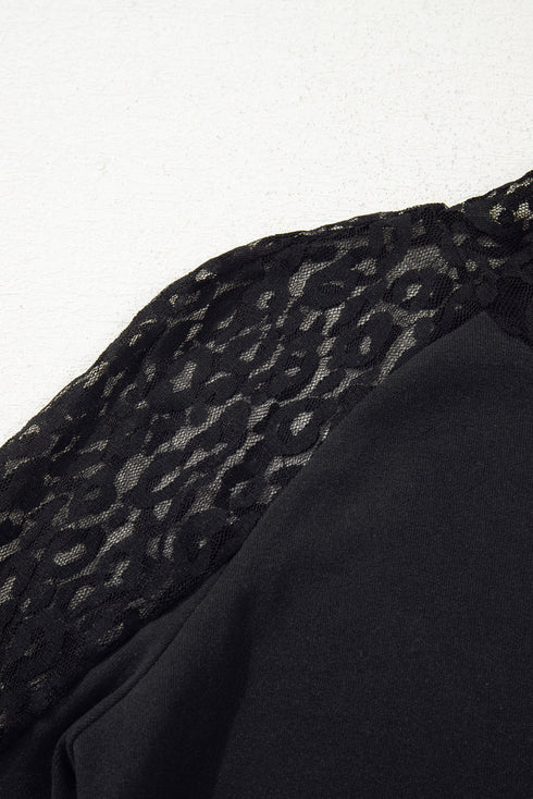 Leopard Mesh Sleeve Patchwork Crew Neck Knit Top