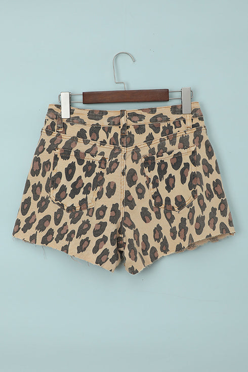 Leopard Mid Waist Frayed Hemline Denim Shorts