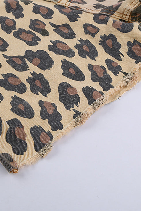 Leopard Mid Waist Frayed Hemline Denim Shorts