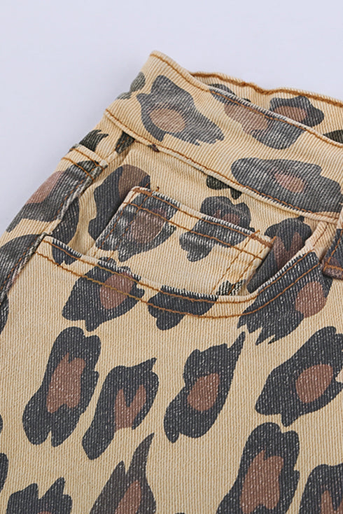 Leopard Mid Waist Frayed Hemline Denim Shorts