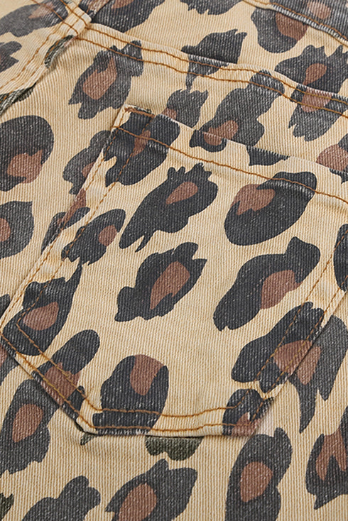 Leopard Mid Waist Frayed Hemline Denim Shorts