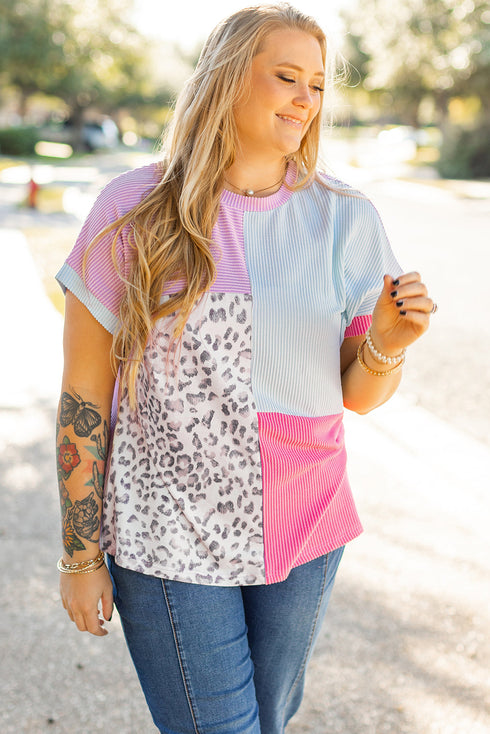 Leopard Mixed Print Patchwork Corded Knit T Shirt