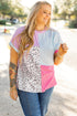 Leopard Mixed Print Patchwork Corded Knit T Shirt