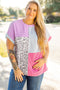Leopard Mixed Print Patchwork Corded Knit T Shirt