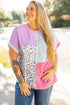 Leopard Mixed Print Patchwork Corded Knit T Shirt
