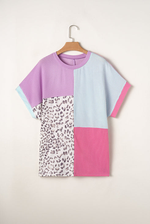 Leopard Mixed Print Patchwork Corded Knit T Shirt