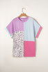 Leopard Mixed Print Patchwork Corded Knit T Shirt