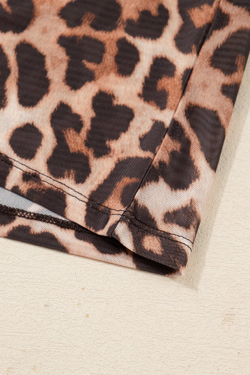 Leopard Mock Neck Sheer Mesh Fitted Long Sleeve Top