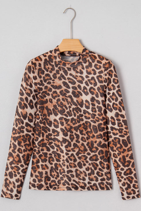 Leopard Mock Neck Sheer Mesh Fitted Long Sleeve Top