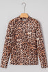 Leopard Mock Neck Sheer Mesh Fitted Long Sleeve Top