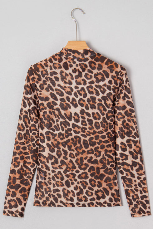 Leopard Mock Neck Sheer Mesh Fitted Long Sleeve Top