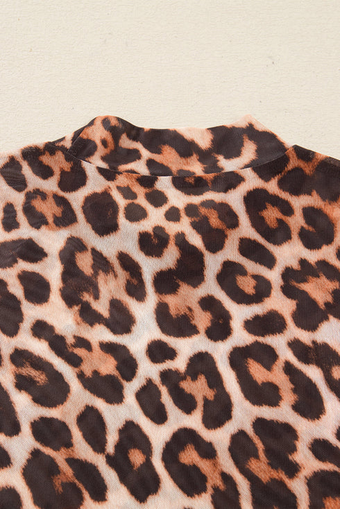 Leopard Mock Neck Sheer Mesh Fitted Long Sleeve Top