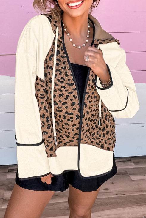 Leopard Patchwork Contrast Piping Hooded Open Front Jacket