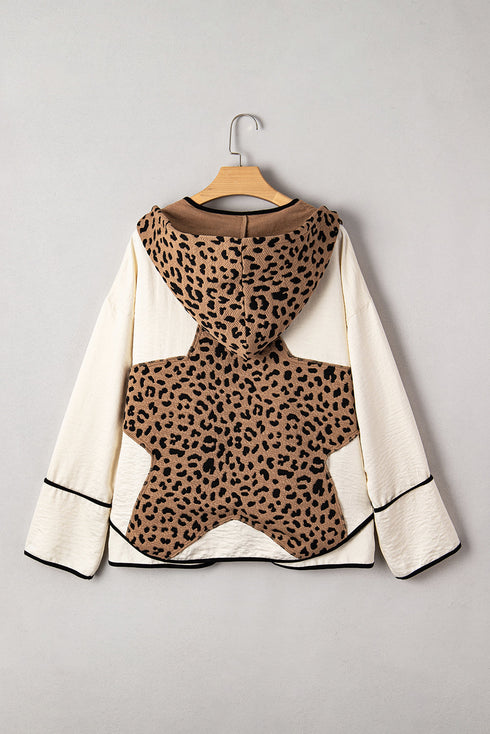 Leopard Patchwork Contrast Piping Hooded Open Front Jacket